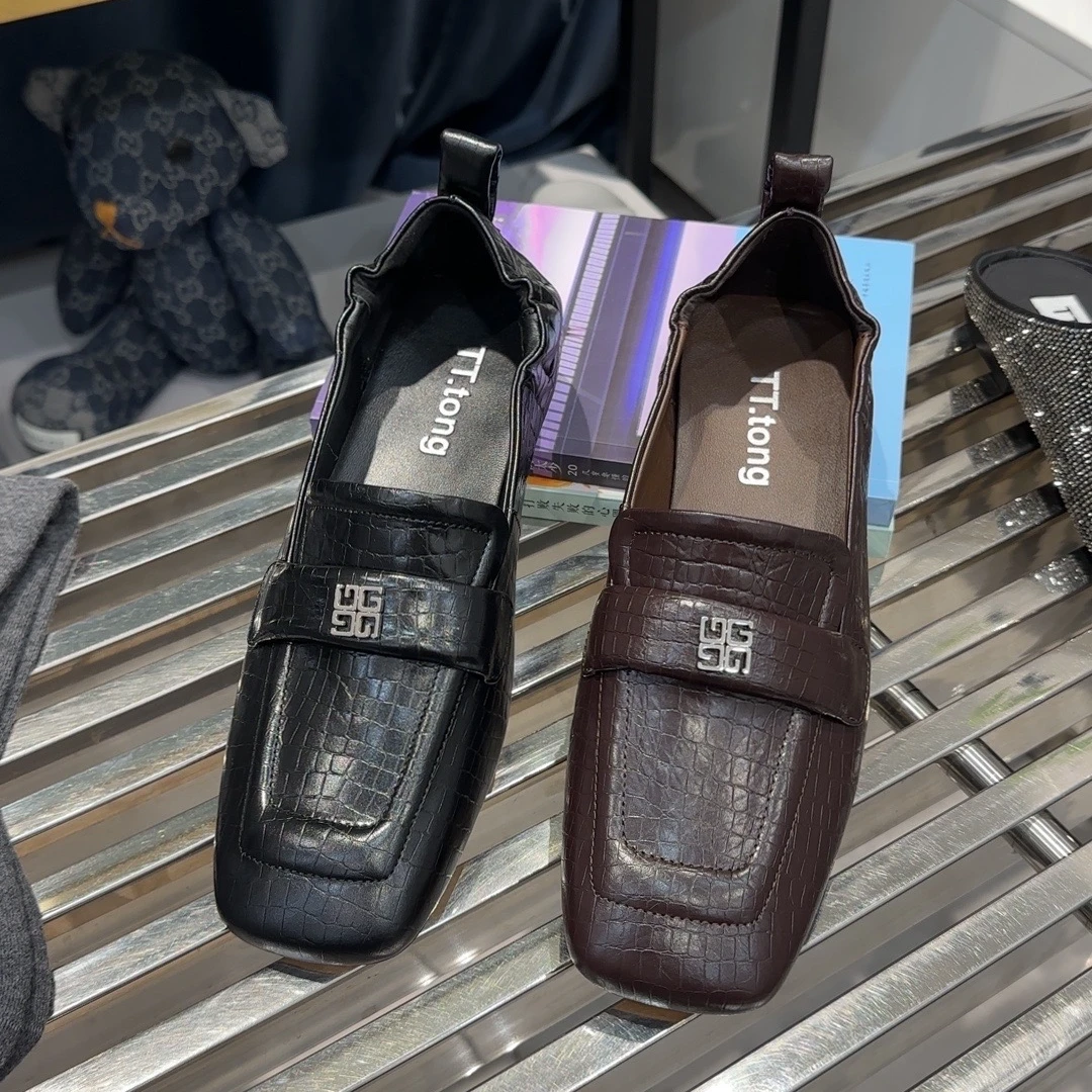 [大韩韩]早春新款2588-6石头纹胎牛皮方头气质百搭单鞋乐福鞋