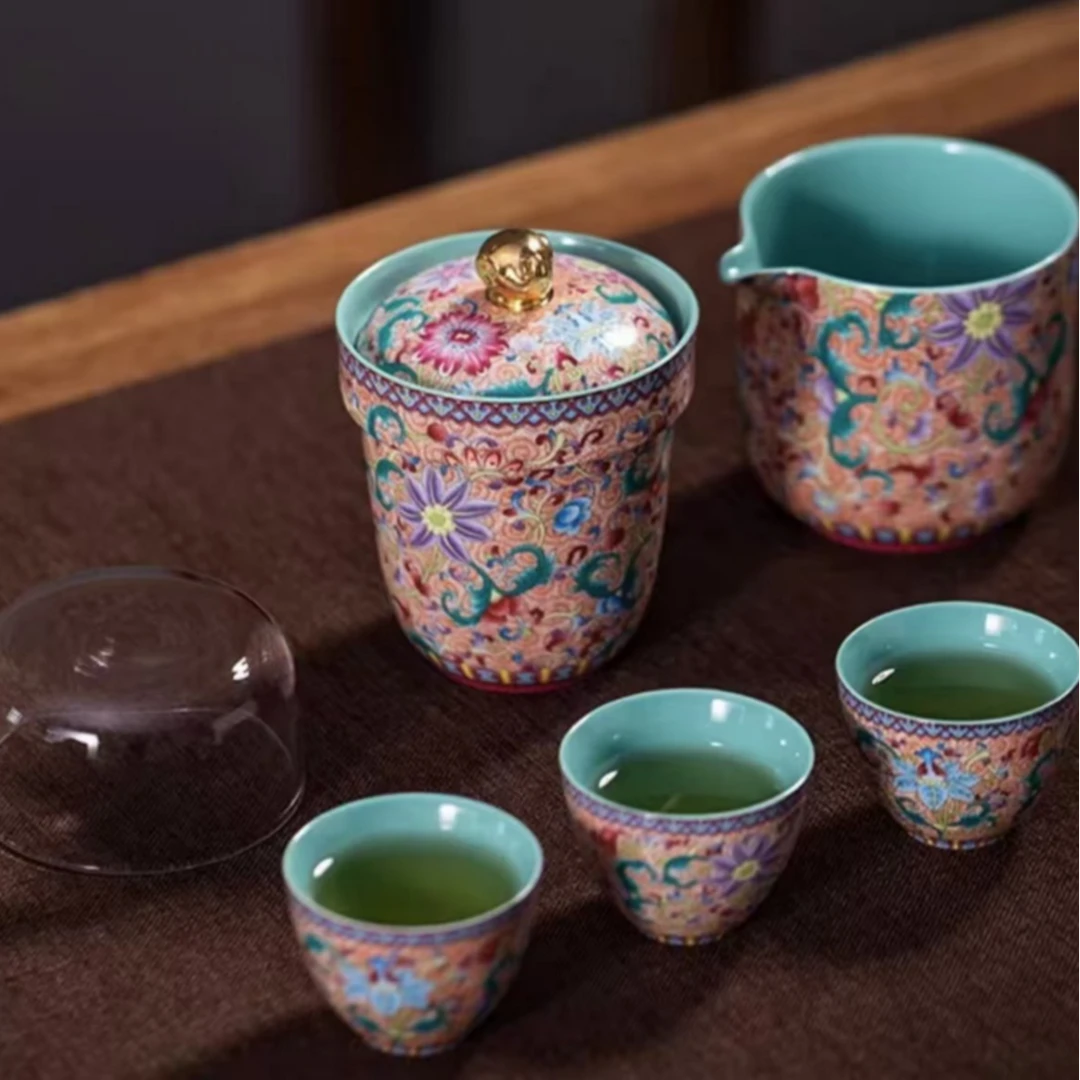 五言六器花开盛世瑞象快客杯珐琅彩便携户外一壶三杯功夫旅行茶具