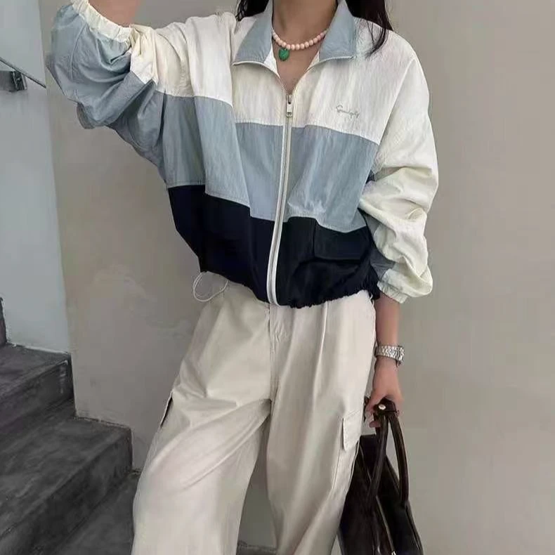 Y739蓝拼三色立领防晒风衣609