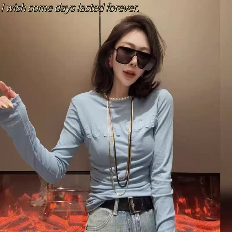 字母面膜打底衫女春秋欧货薄款长袖防晒T恤圆领休闲百搭面膜t上衣