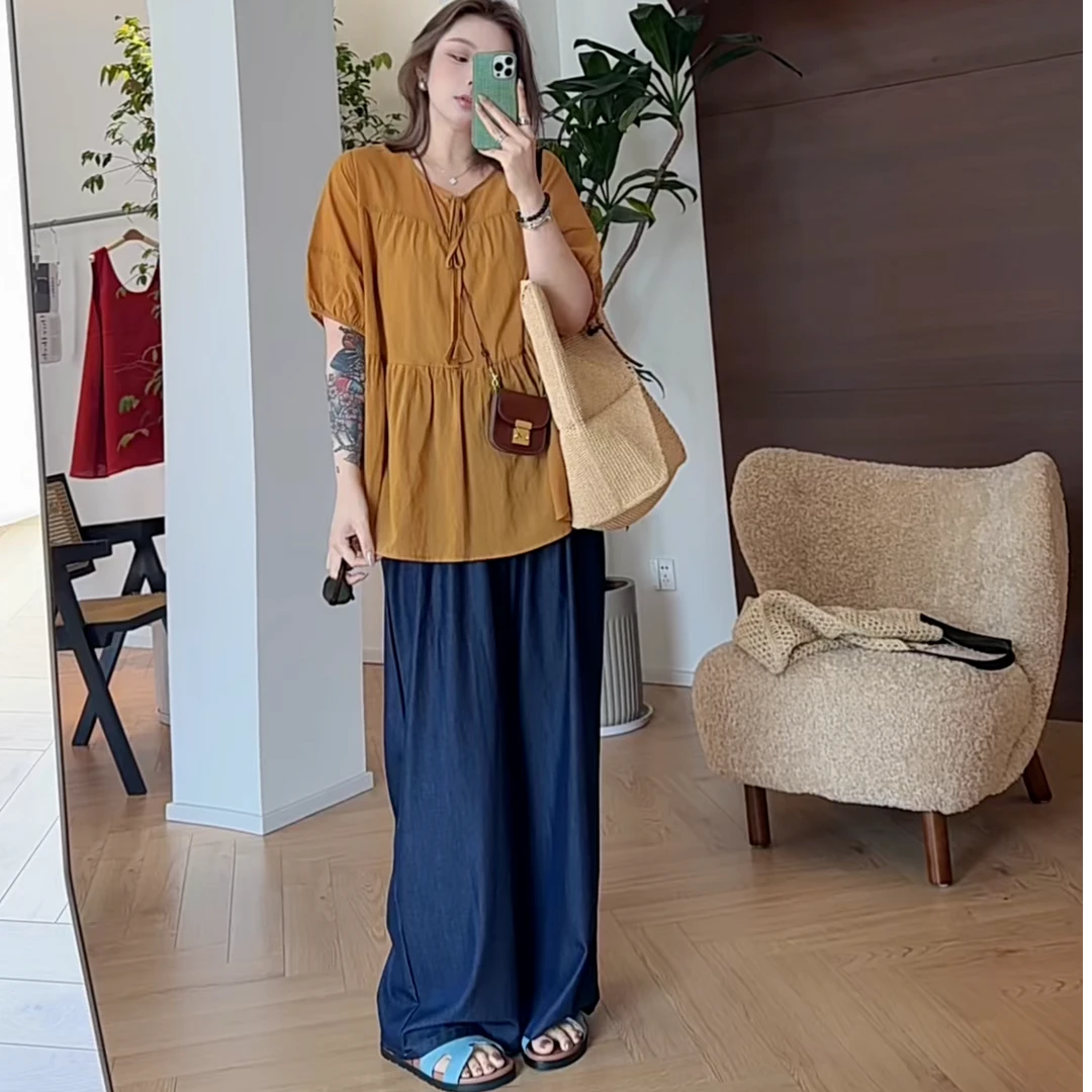 【瘦瘦】大码夏季显瘦全棉泡泡袖甜美绑带下摆荷叶边百搭上衣S01648