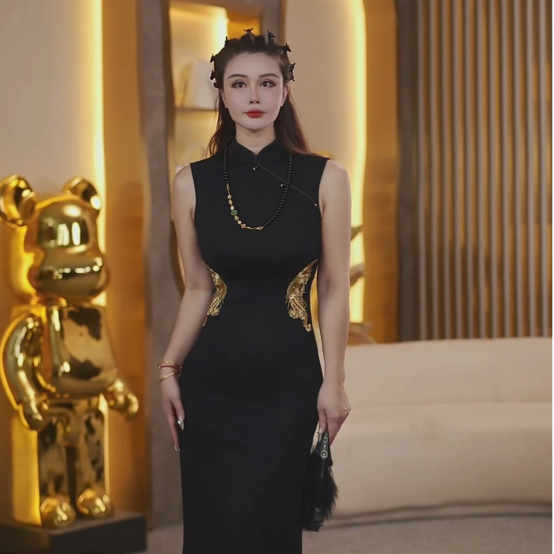 3423新中式腰间凤凰刺绣连衣裙