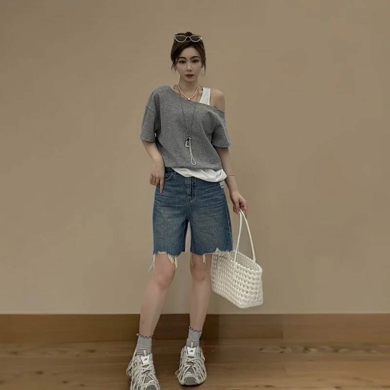 2559  T恤短袖假两件休闲宽松型撞色洋气日常泡泡袖拼接