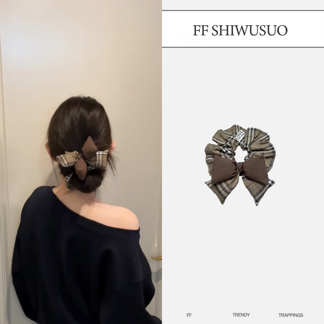 FF 高品质卡其格纹蝴蝶结发圈韩系百搭显脸小丸子头小众发饰