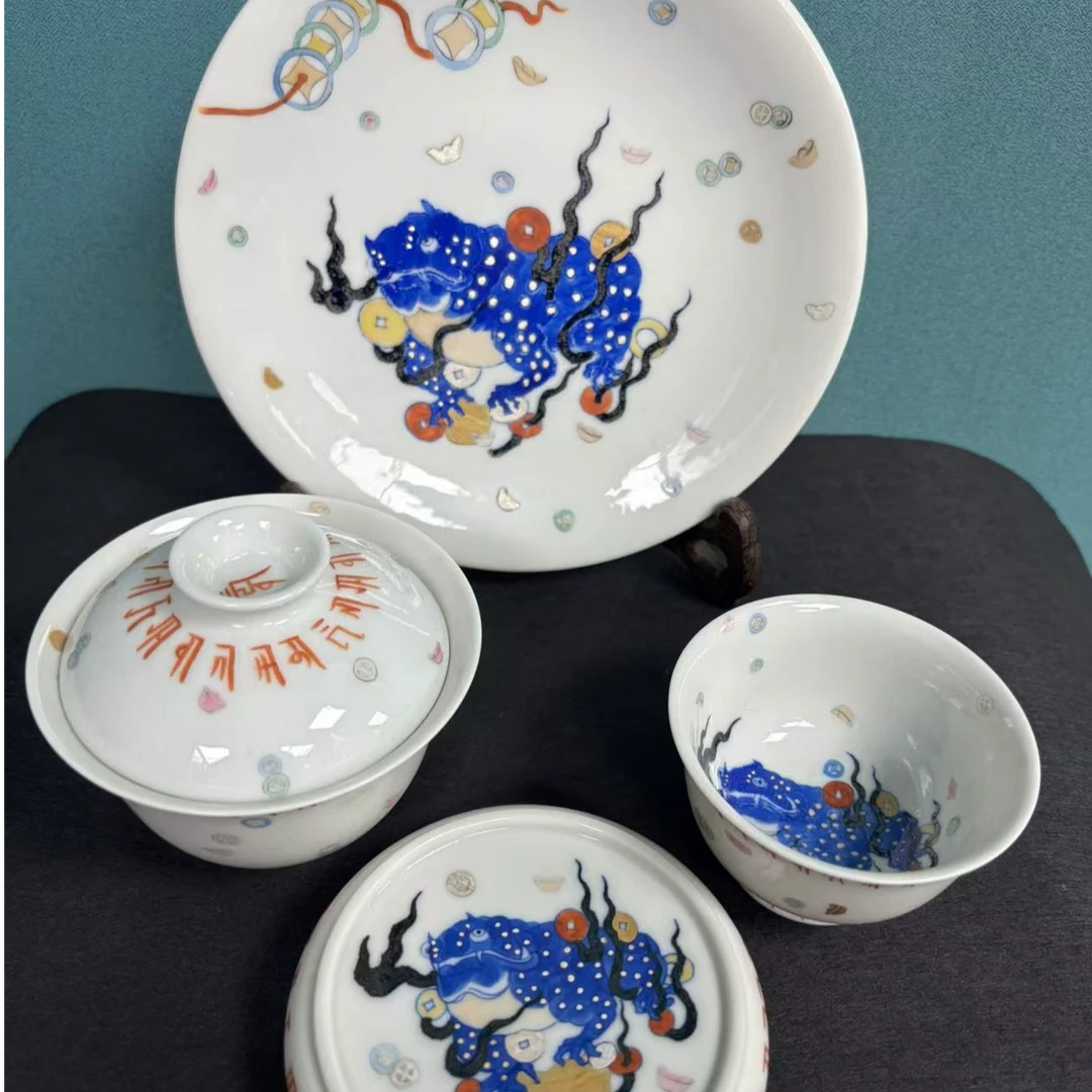 手绘斗彩梵文金蟾四件套组中式古风