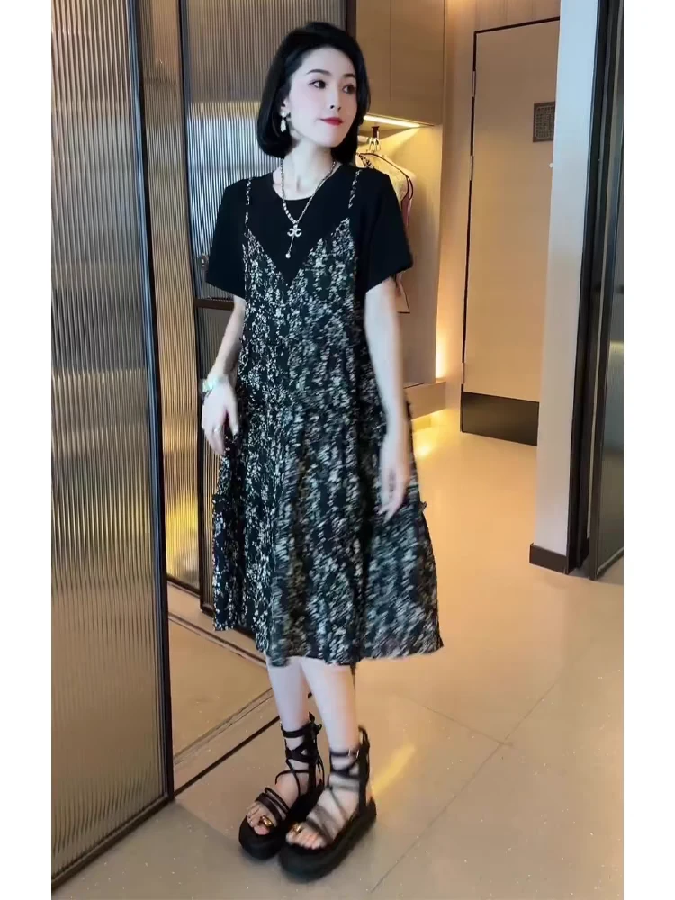 碎花吊带假两件连衣裙女夏季显瘦遮肉减龄气质裙子3358