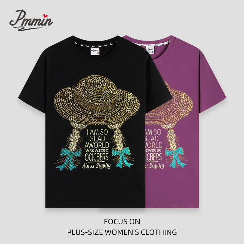 pmmin【小辫子】女装大码设计潮牌烫钻短袖T恤 夏季 贴画烫印