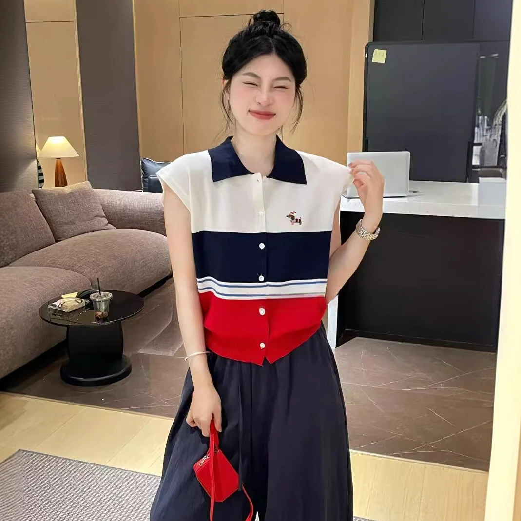 韩系小众设计感撞色翻领小飞袖T恤女夏季新款刺绣条纹宽松短上衣