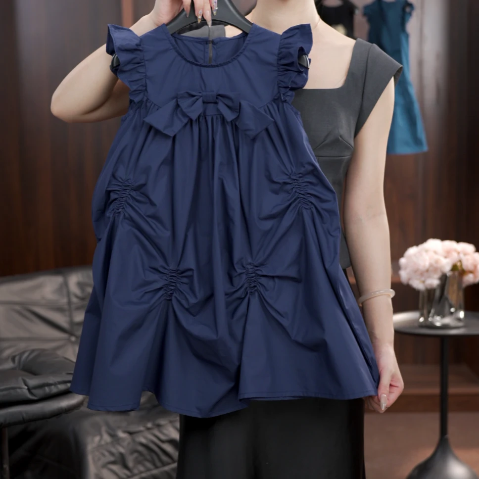 【1%】女童纯棉复古蝴蝶结捏褶文艺小飞袖连衣裙无袖”2582“