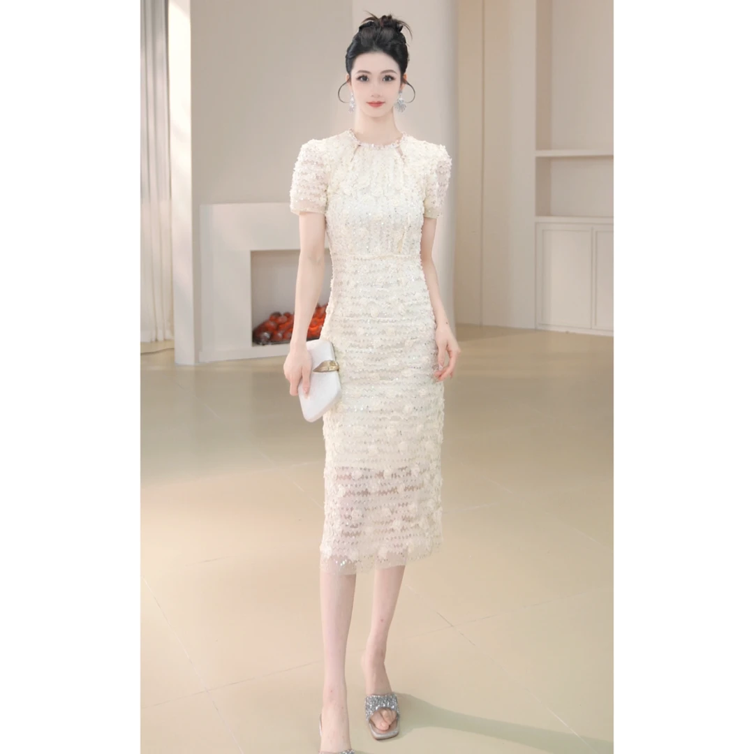 21757时尚夏季复古国风提花长款气质修身名媛优雅小众显瘦连衣裙