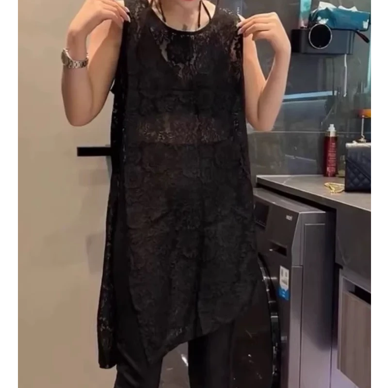 Yi+6058蕾丝吊带裙新款不规则屁帘叠穿开叉T恤夏季上衣