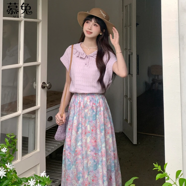 【上衣+裙子 侧边有挡片】无袖衬衫彩色半身裙夏百搭显瘦两件套装