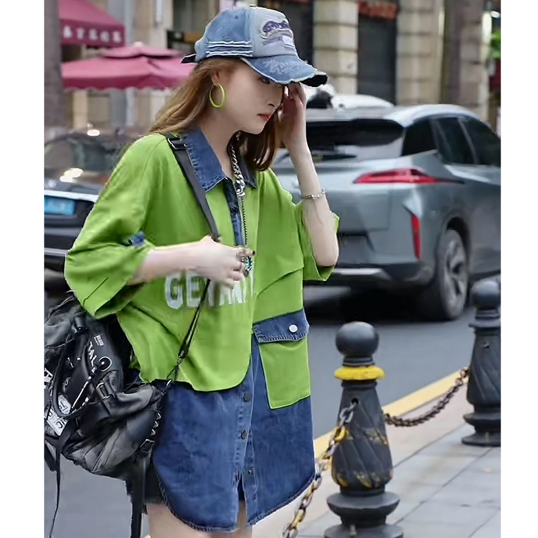 【GEYANTU】印花重工字母短袖女674夏新款时尚百搭宽松显瘦拼接上衣