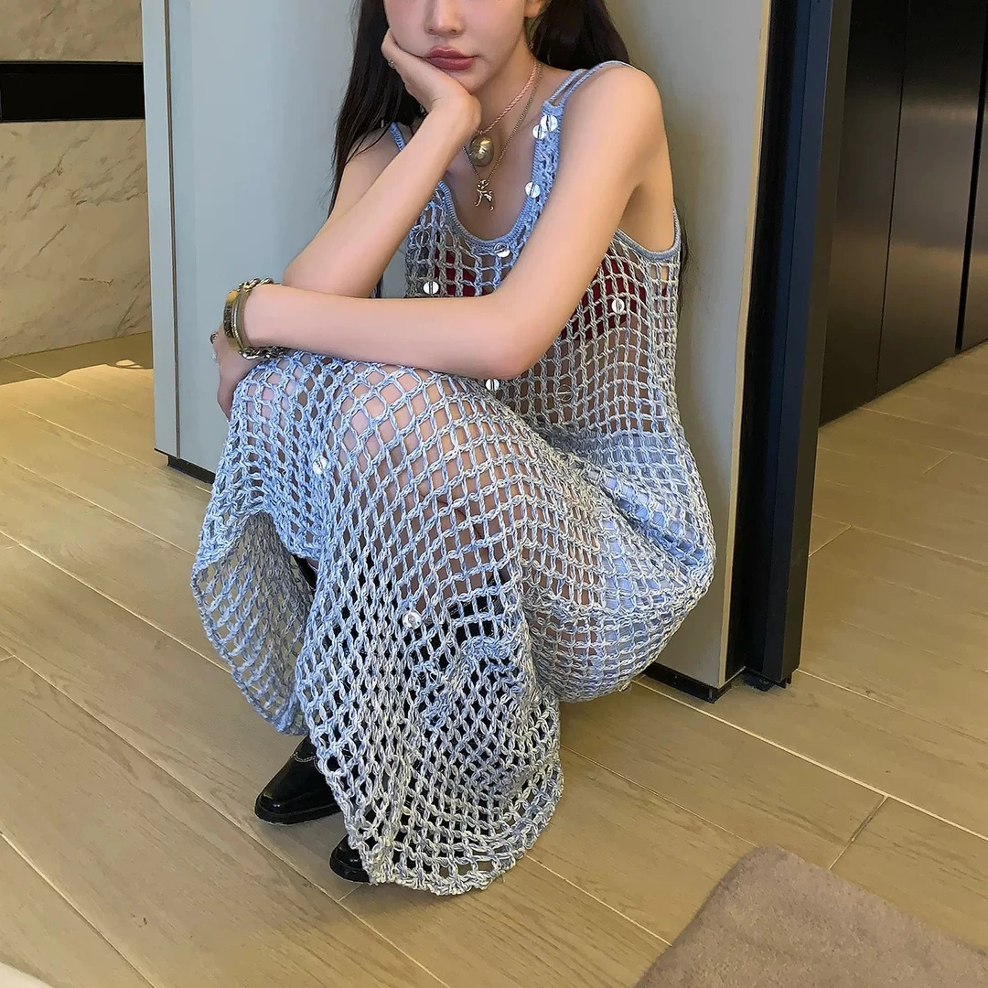 Gtt家 周美美 镂空编织60颗手工水晶玻璃珠装饰针织叠穿连衣裙