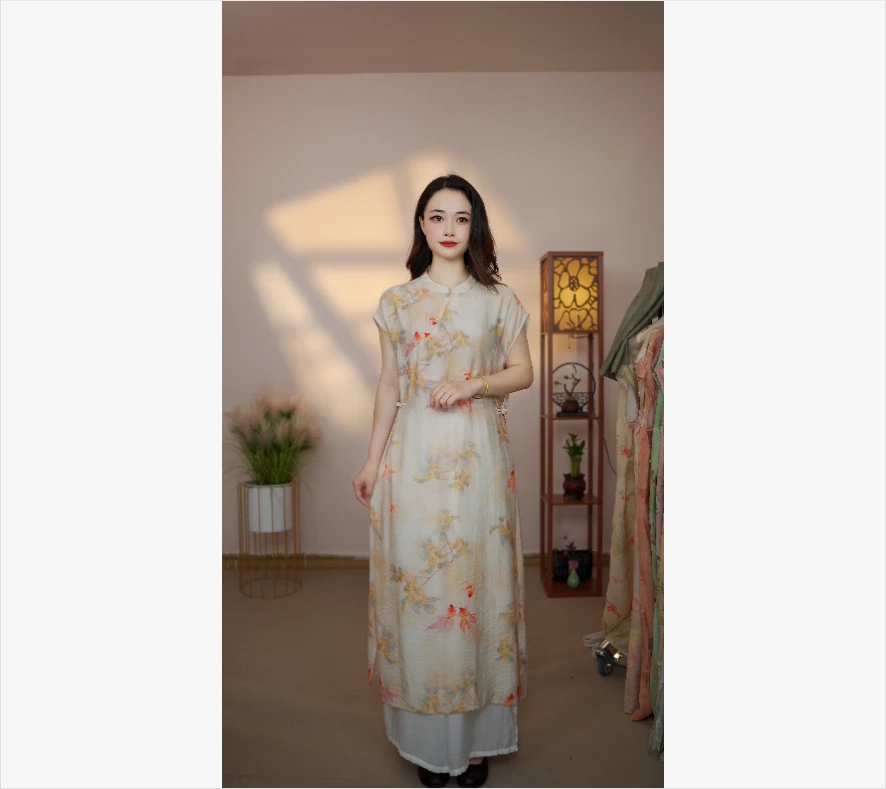 简麻【黄金鱼】月亮袖005新款夏季女装连衣裙新中式气质百搭显瘦