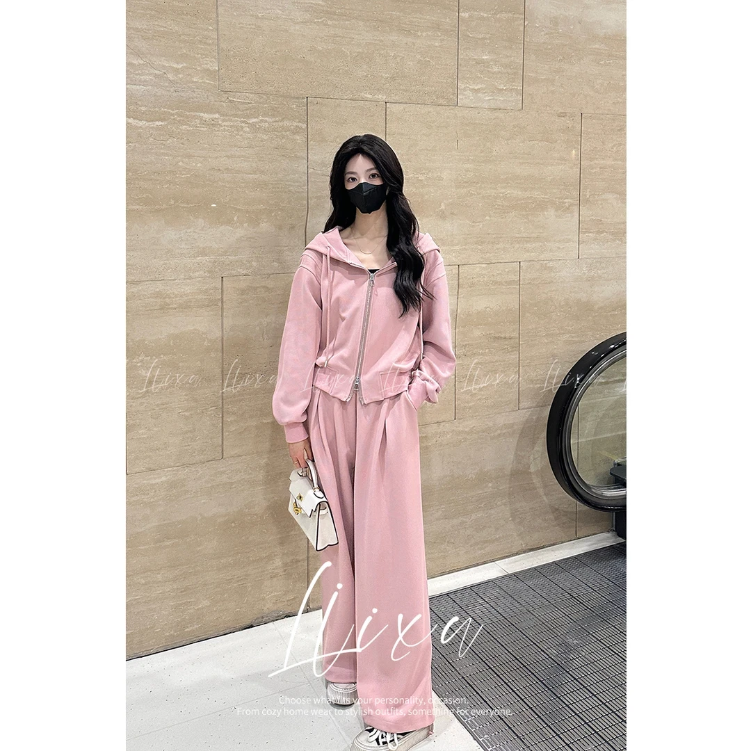 春季新款连帽显瘦休闲运动卫衣阔腿裤两件套装女小众设计时尚气质