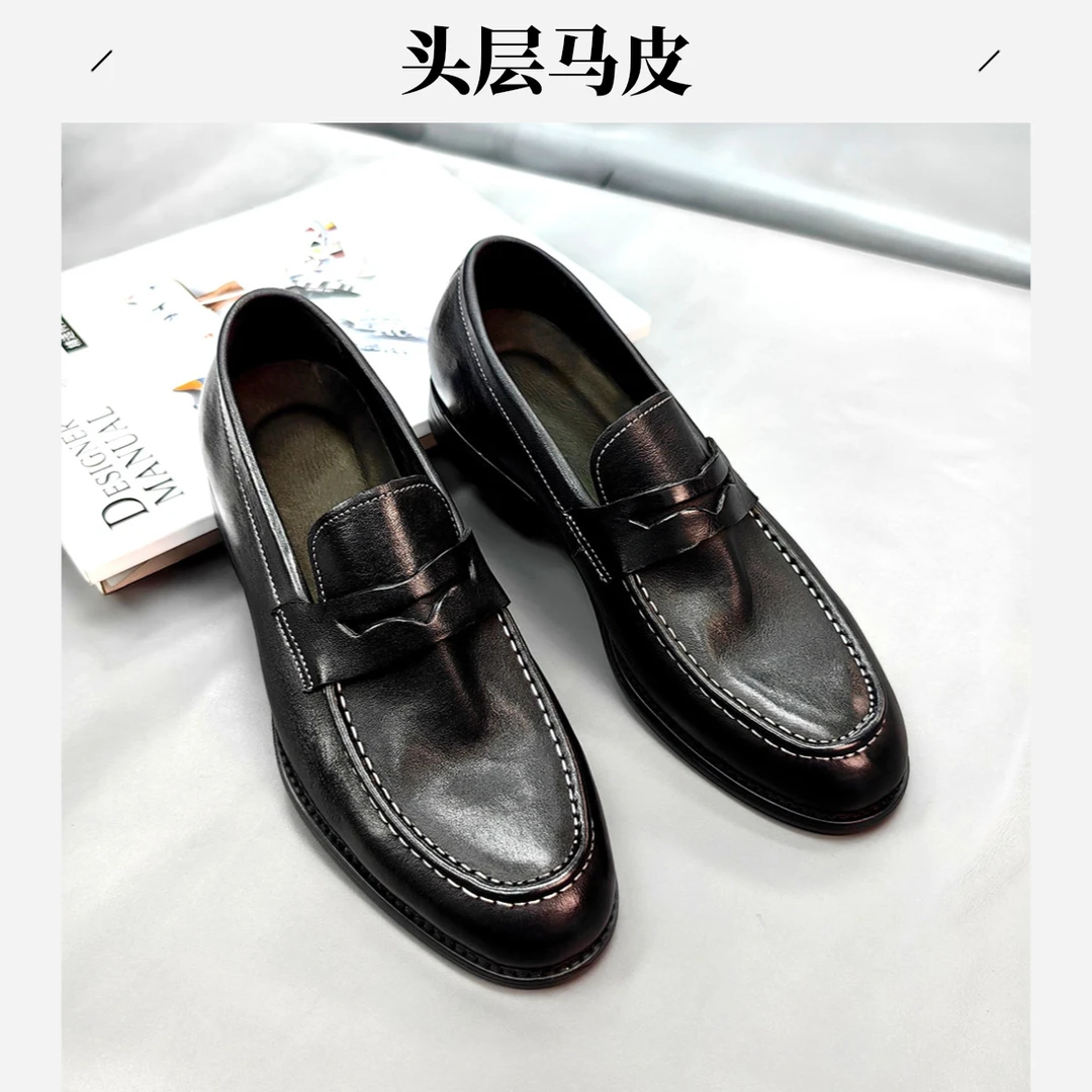 时尚百搭透气夏季套脚懒人鞋乐福鞋打孔皮鞋韩版潮流真皮鞋男士