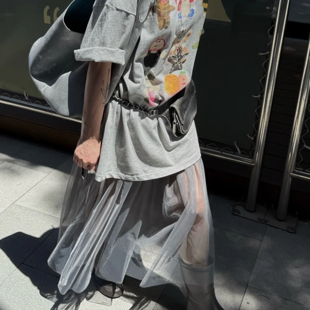 HELLOTANGO《穿搭灵感》韩系气质网纱拼接叠穿纱裙半身裙250367#