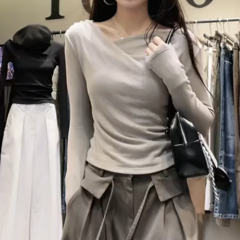 【温柔交织】秋款显瘦气质法式不规则小众设计感长袖T恤LK2506532