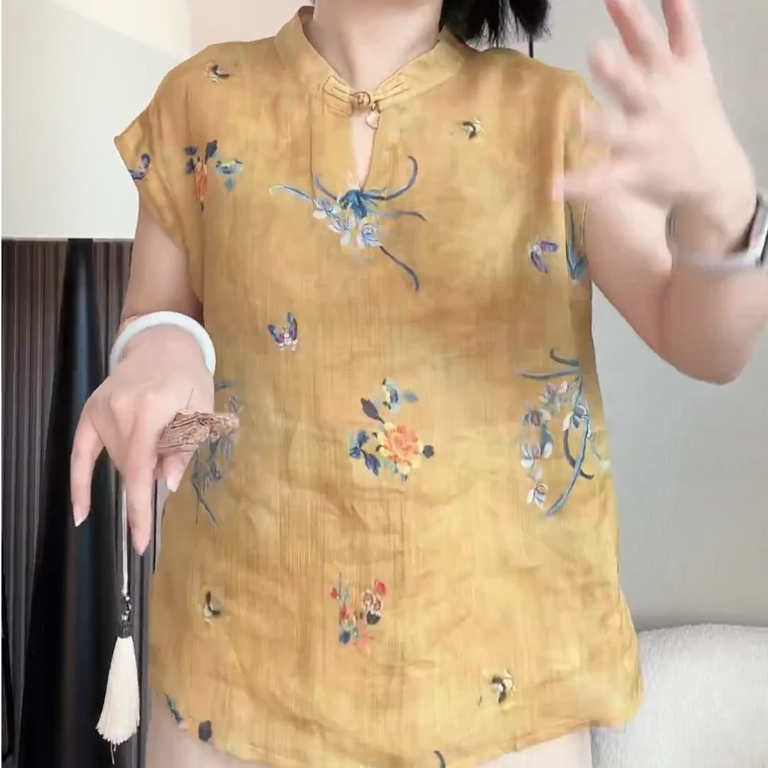 《金玉兰》夏季新款百搭新中式气质不规则国风印花小衫C5763