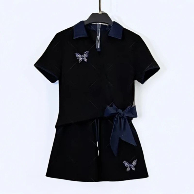 设计师款丨<紫翼蝴蝶>宽松夏季气质T恤短裙休闲时尚套装上衣黑色