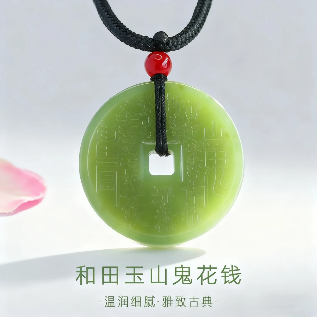 天然和田玉湖水绿山鬼花钱玉佩平安扣挂件来财古风随身百搭保真