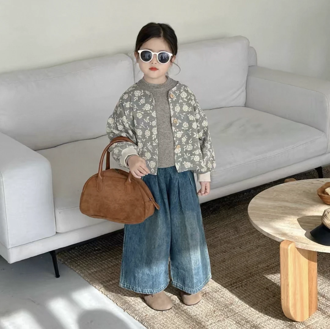女童春秋套装2025中小童复古洋气百搭外套儿童韩版宽松阔腿牛仔裤