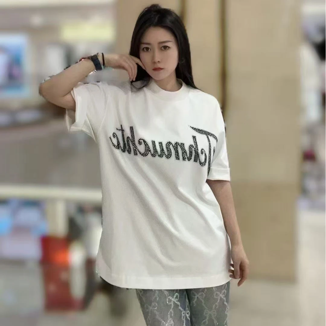 《店播专用》潮牌时尚字母烫钻白色宽松短袖T恤T75B108003
