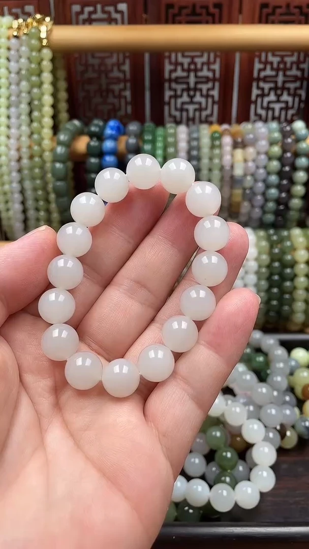 未镶嵌手串和田玉白玉羊脂玉白月光卡十二圆珠单圈手串