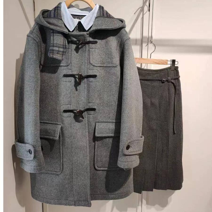 2025秋冬新款双面羊毛大衣女中长款连帽宽松学院风大衣羊毛外套