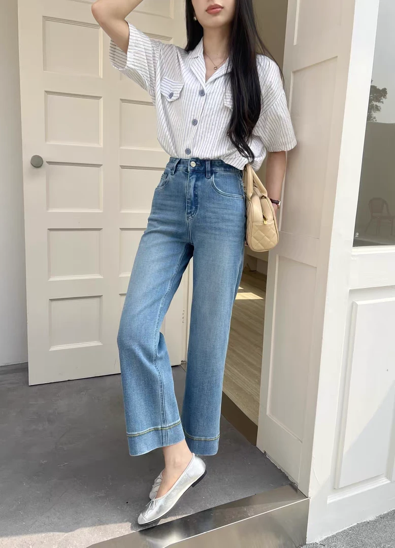 SMX98163牛仔裤小雏菊女2025夏季新款高腰四面弹九分直筒奶奶裤潮