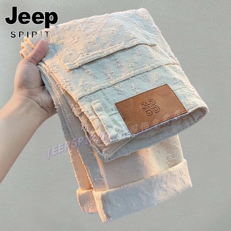 Jeep吉普时尚破洞提花裤子男潮牌宽松直筒设计感休闲阔腿牛仔裤子