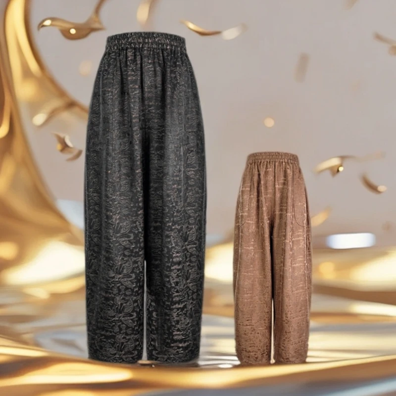 XN2025新款时尚国风咖色刻花百搭休闲宽松花苞裤 64zh037