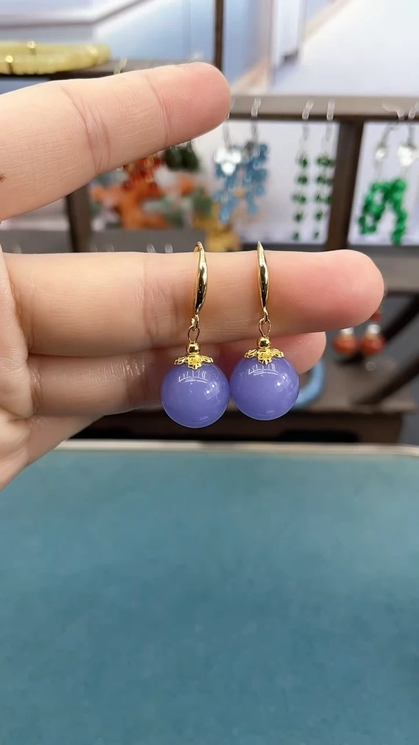 银S925镶嵌耳饰紫晶14mm紫罗兰双珠