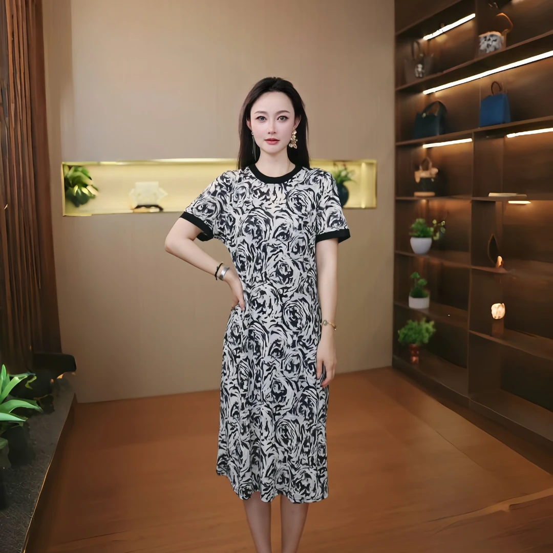 9993-新款妈妈夏装短袖连衣裙女夏洋气时尚宽松大码中长裙【F仓】