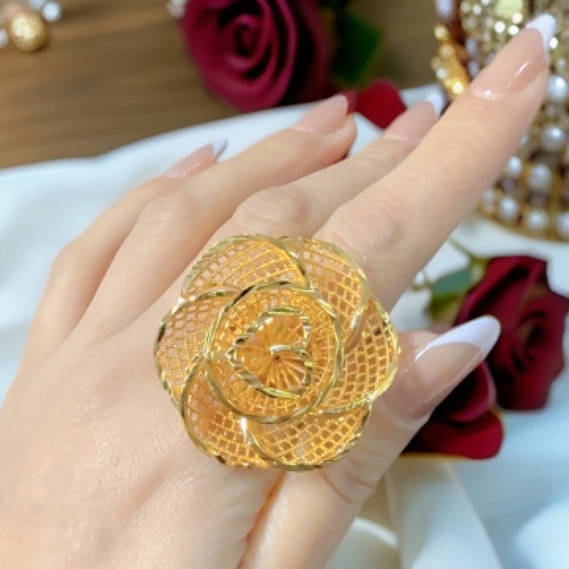 铜合金戒指 钛钢新款轻奢浮夸玫瑰花戒指可调节百搭复古花朵戒指