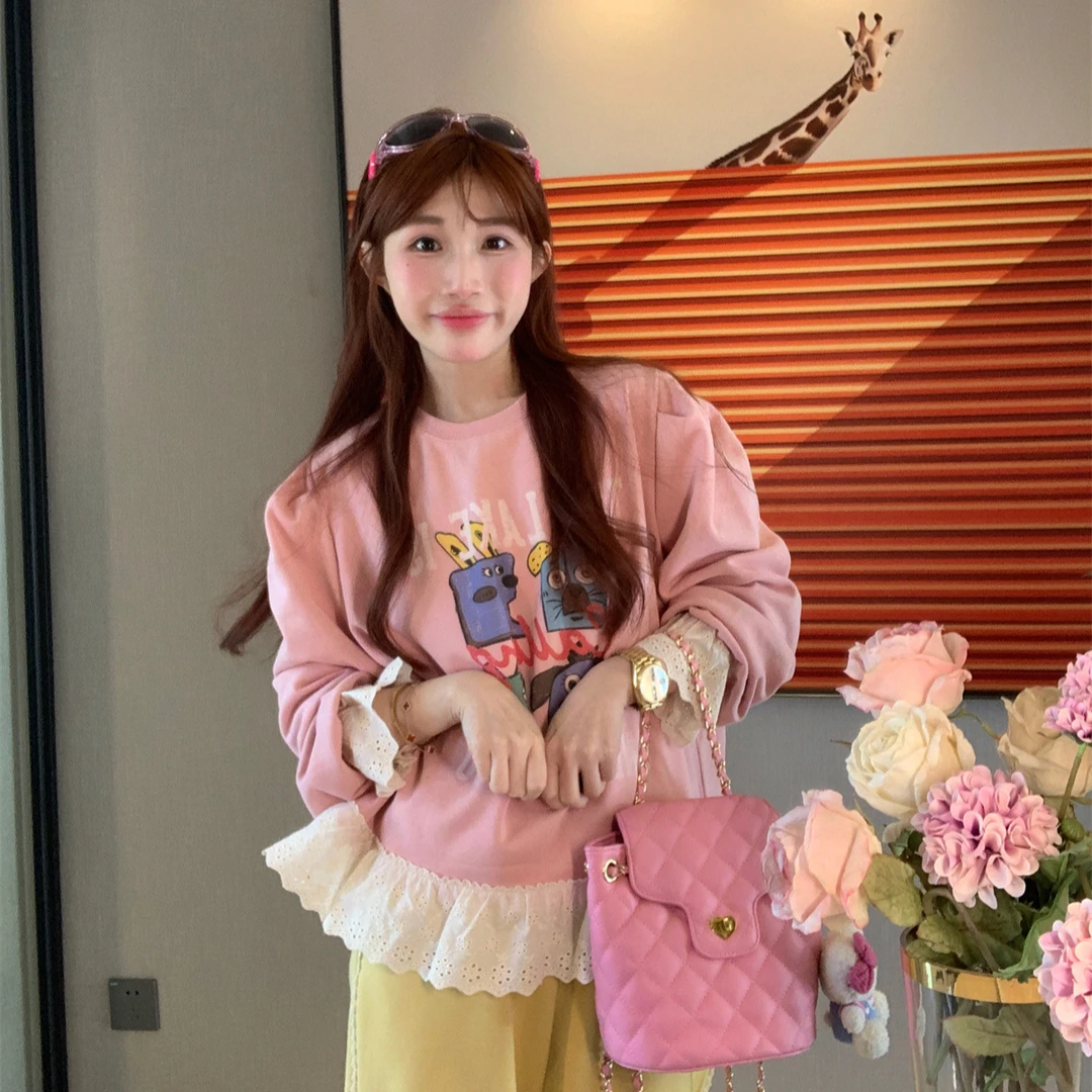 JENNIFER JXLIU韩版早春～趣味卡通印花蕾丝花边泡泡袖宽松卫衣