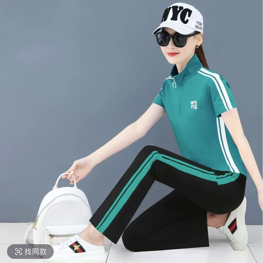 2025年夏季新款高端立领短袖运动服套装女减龄洋气休闲两件套6111