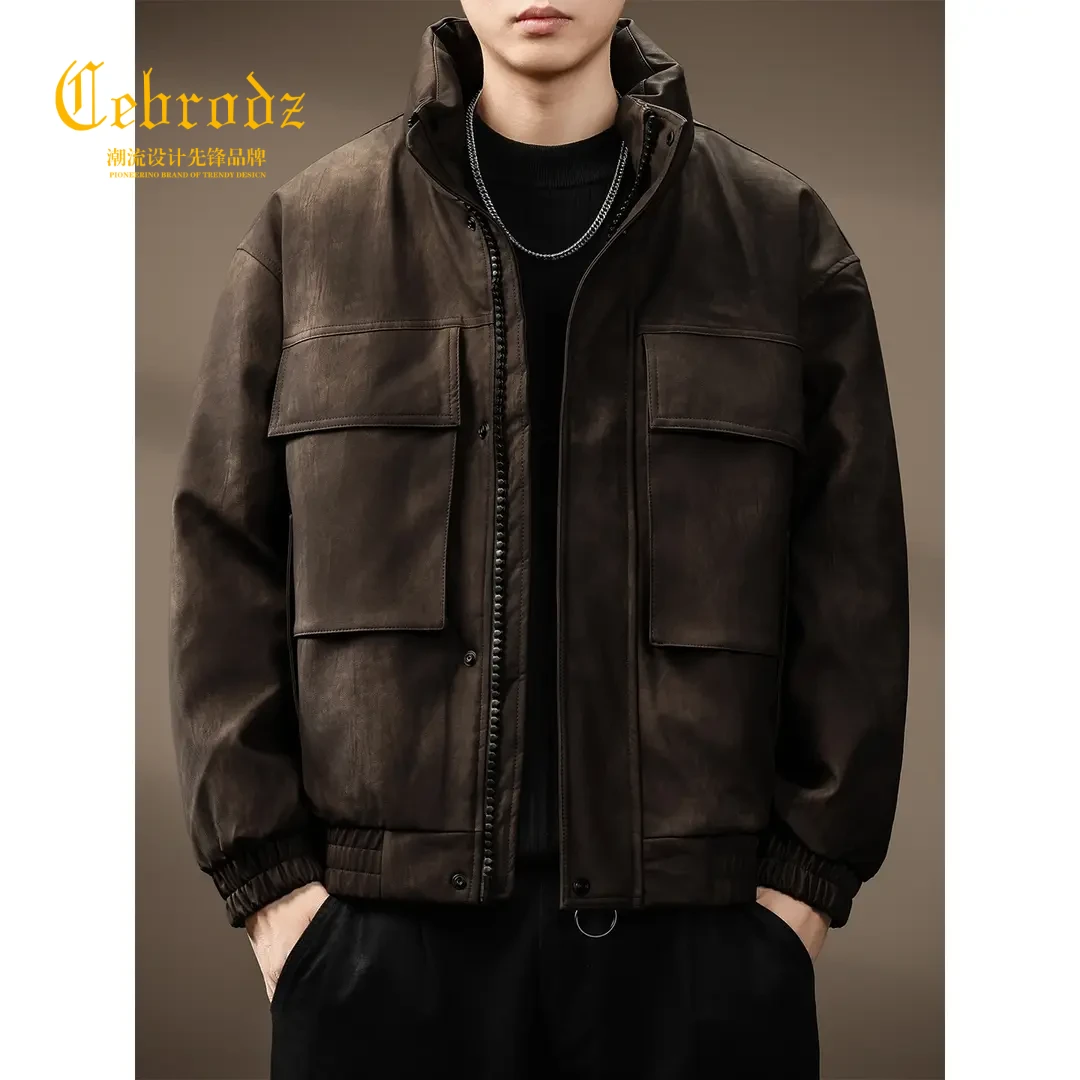法国Cebrodz高端PU皮立领羽绒服男士潮牌宽松皮衣夹克外套潮流