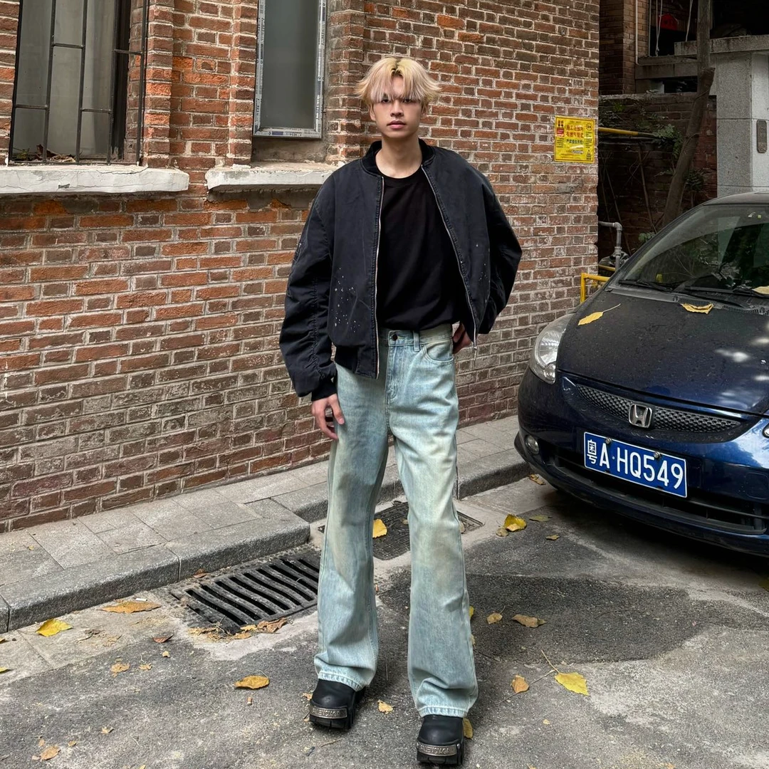 SOSDUN bootcut646巴黎弯刀奶油蓝色微喇牛仔裤显高宽松长裤CK08