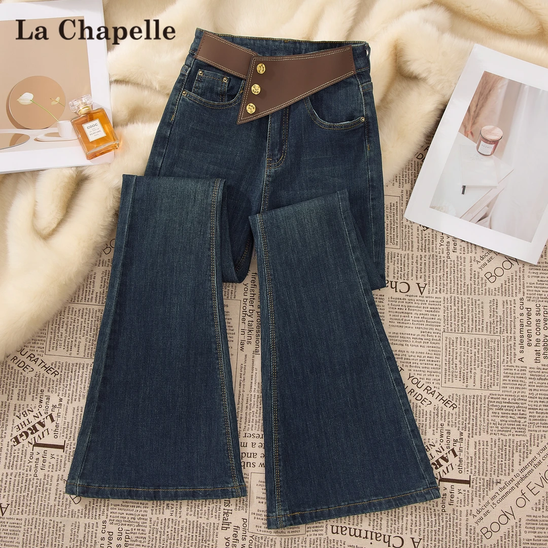 拉夏贝尔加绒微喇牛仔裤女秋冬新款高腰显瘦小个子修身提臀喇叭裤