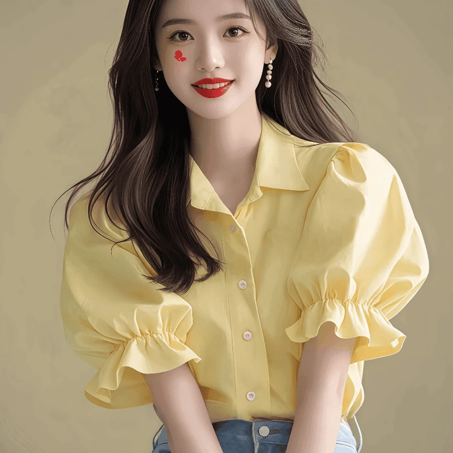 法式高级感夏季黄色泡泡袖印花气质短袖洋气衬衫别致漂亮时尚小衫