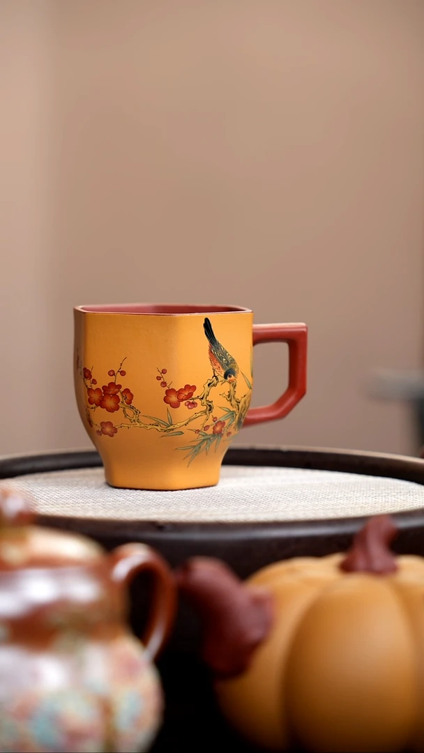 茶壶紫砂黄金段粉浆六方手把杯红梅