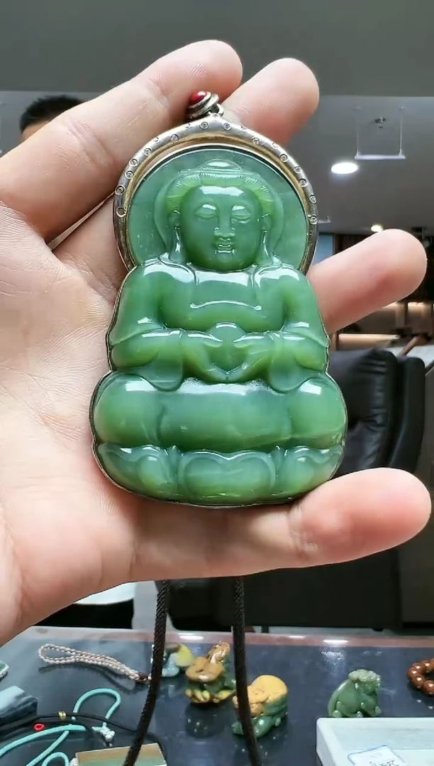 银S925镶嵌和田玉（碧玉）挂件精品高货观音
