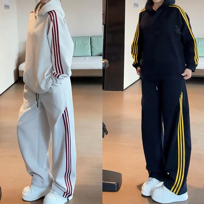 秋季新款美式侧条纹休闲运动套装潮牌重磅宽松连帽卫衣卫裤一整套