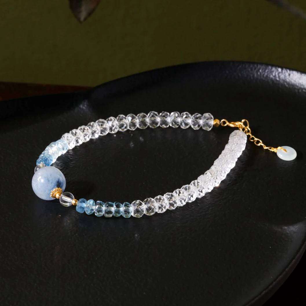 【意婵】《云清》18K金精工白水晶海蓝宝蓝线水晶-912243