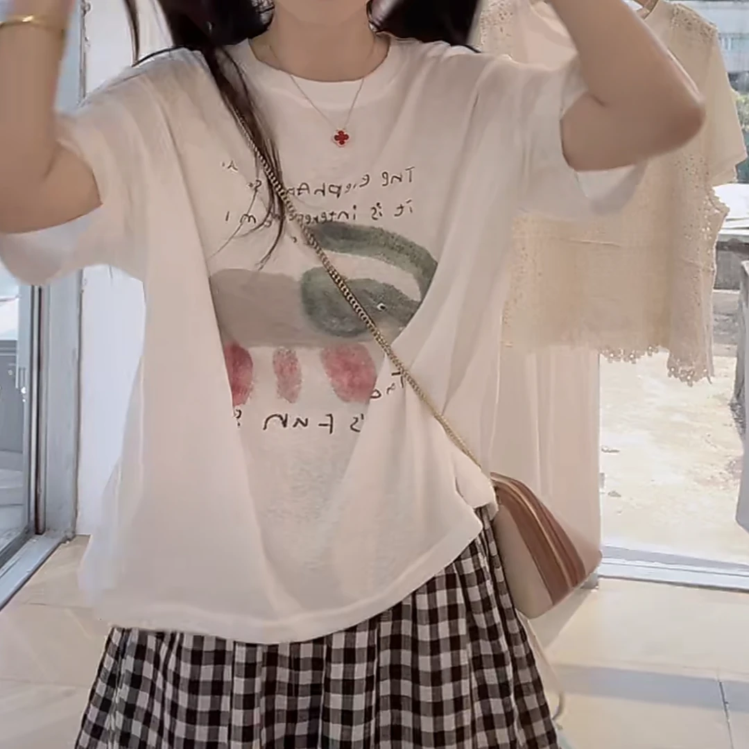 轻薄透气~2025新款女士短宽松雪花棉卡通图案休闲韩版短袖T恤ins
