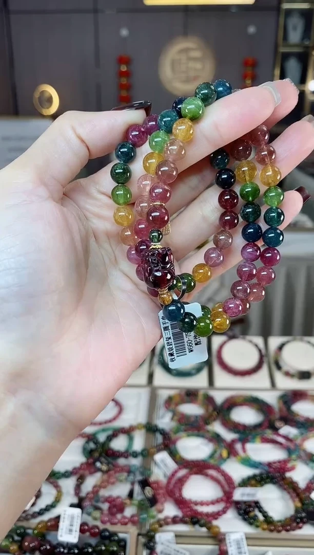 未镶嵌老矿碧玺色标彩虹三圈手串7mm+碧玺dan多样性发货一条
