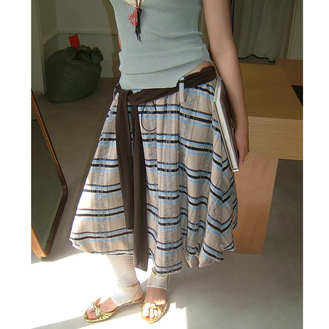 【奥莉】2025春夏：韩版时尚ins风格纹绑带半身裙5680