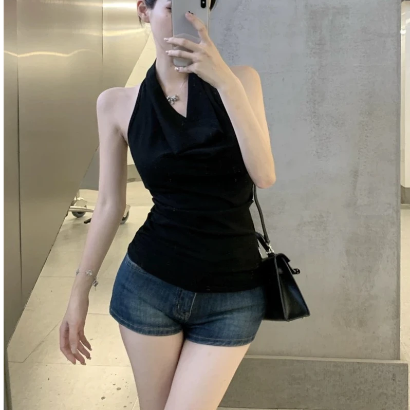 纯欲风极简风挂脖背心法式慵懒风吊带百搭通勤露肩T恤女